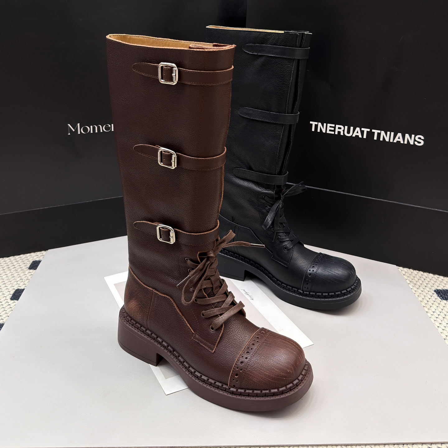 601-2真皮不过膝长筒靴女2025新款粗跟皮带扣显瘦高筒骑士靴