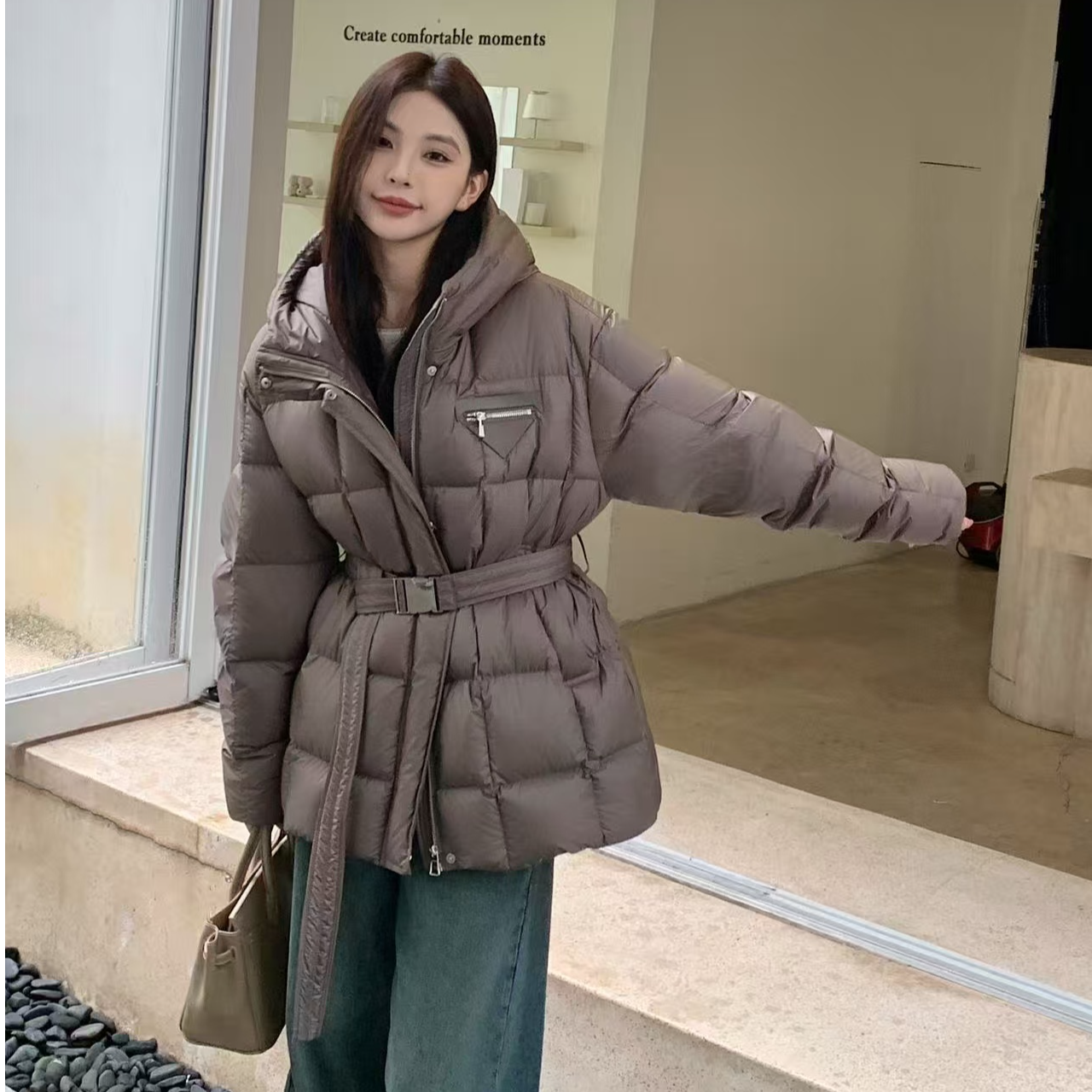 88001女薄款中长款长款百搭时尚防水羽绒服连帽显瘦冬季