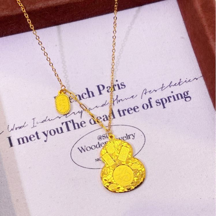 铜合金项链 气质轻奢新款碎冰冰葫芦纳福项链古法金色