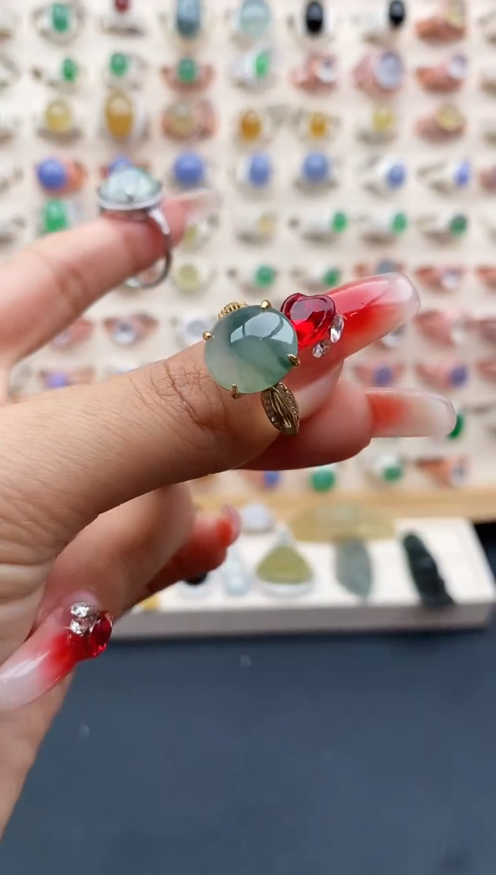 【闪购商品】翡翠戒指银S925镶嵌缅甸天然A货翡翠222 10+8