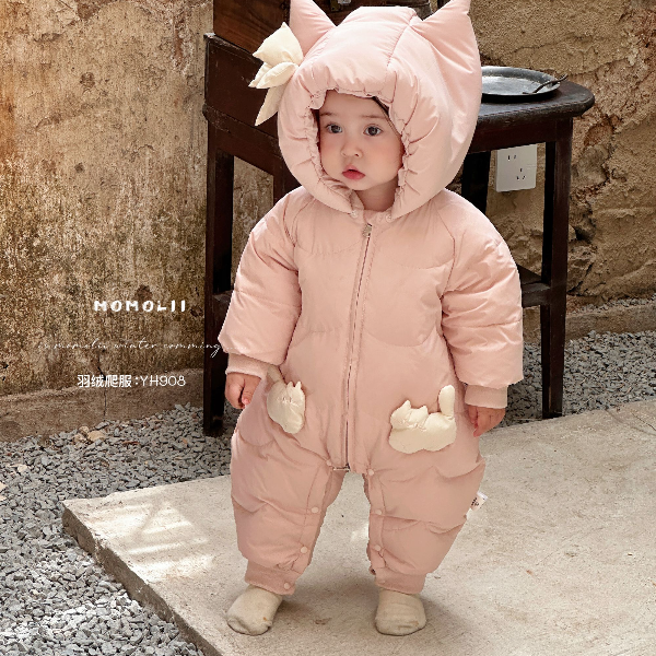 婴儿羽绒服连体衣白鸭绒卡通猫咪羽绒服哈衣908