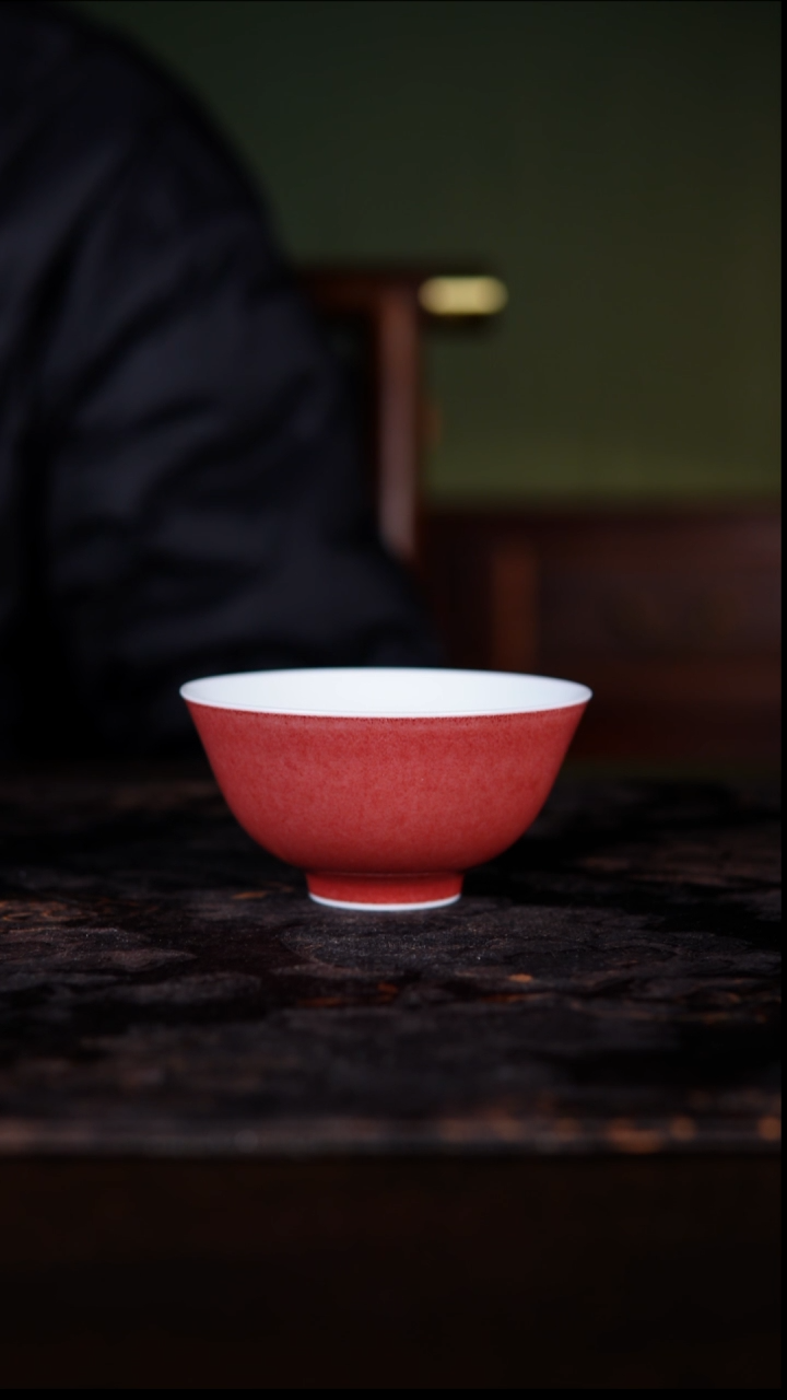 杯子白泥豇豆红高温铜红釉纯手工