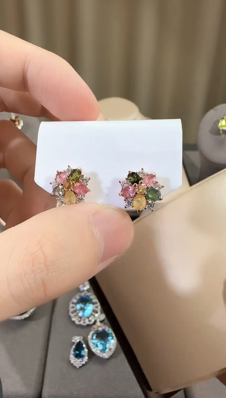 银S925镶嵌耳饰碧玺11mm耳钉简约款