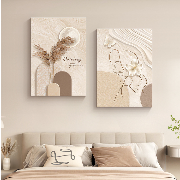 现代简约卧室床头装饰画抽象线条人物挂画奶油风原木风客厅墙壁画