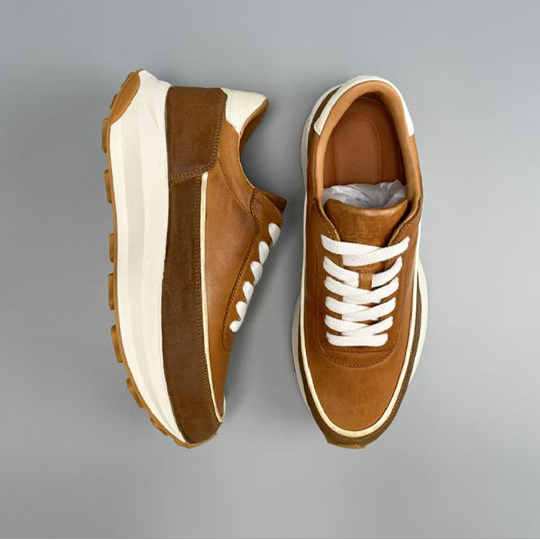 新款百搭男士透气真皮厚底复古休闲男鞋