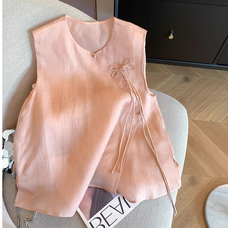 夏季新中式斜襟盘扣无袖背心马甲气质温柔风叠穿短款坎肩马夹衬衫