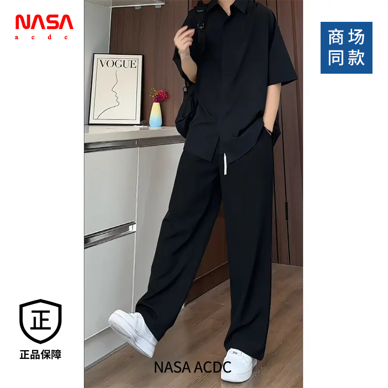NASA ACDC夏季潮牌男女款冰丝衬衫速干显瘦两件套痞帅落肩袖休闲