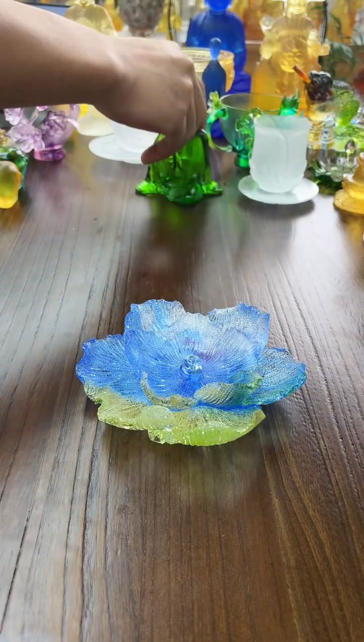 手工艺品琉璃蓝绿色牡丹花线香插12公分