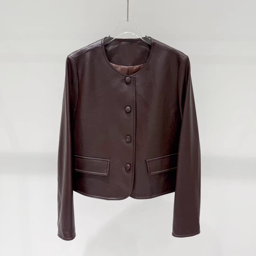 2025春季新款复古百搭红色圆领皮衣短外套1G1110541