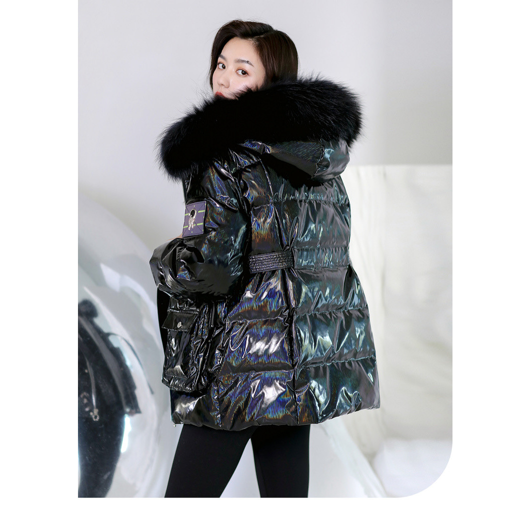 女款潮流百搭时尚连帽毛领大口袋羽绒服J00142258D