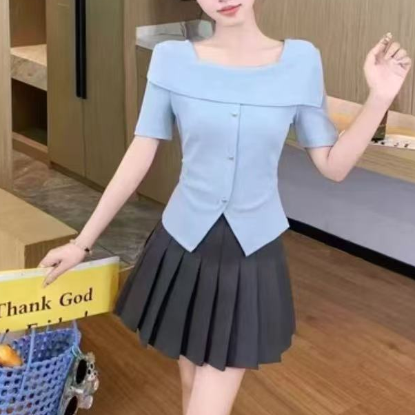 6227#【实物为准】2025新款显瘦百搭一字肩设计感短袖T恤