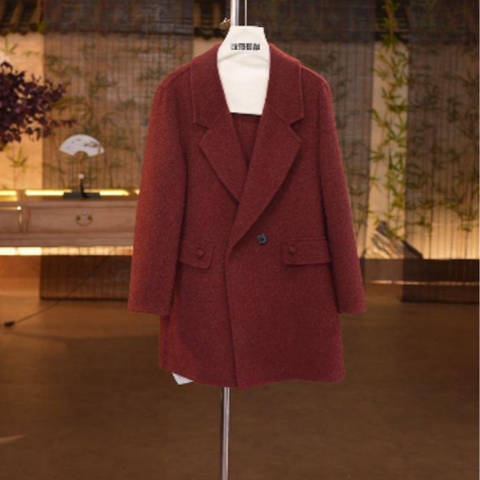 2045双面呢女混纺双面呢双排扣外套气质毛呢外套西装