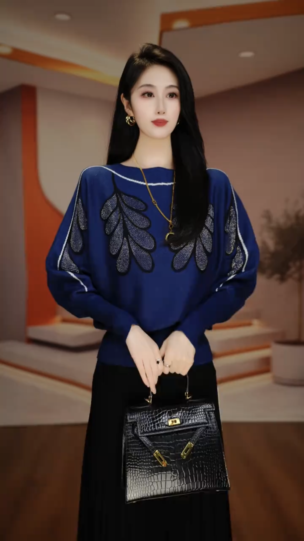 秋冬新款时尚高品质提花烫钻女士针织衫洋气蝙蝠袖毛衣打底衫上衣