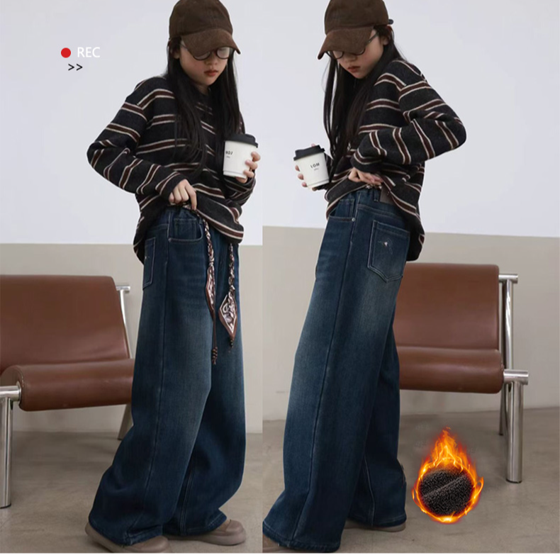 冬季女童裤子高腰直筒阔腿裤牛仔裤加厚长裤