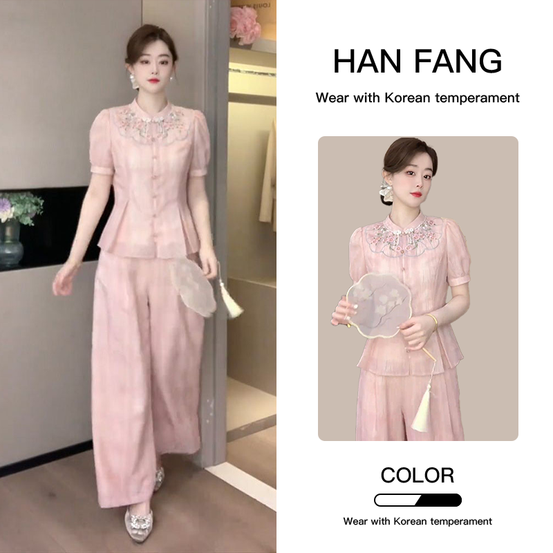 新中式上衣两件套2025新款夏季时尚气质高级感粉色阔腿裤套装女夏