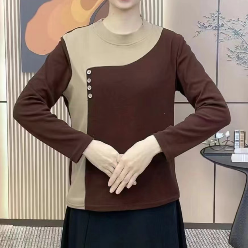 秋冬德绒时尚减龄百搭爆款拼色打底衫圆领女装气质显瘦拼接