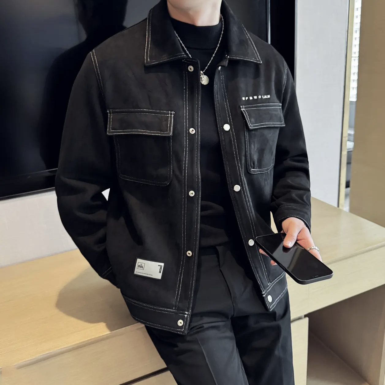 秋冬加厚男士仿麂皮时尚休闲百搭夹克外套S09