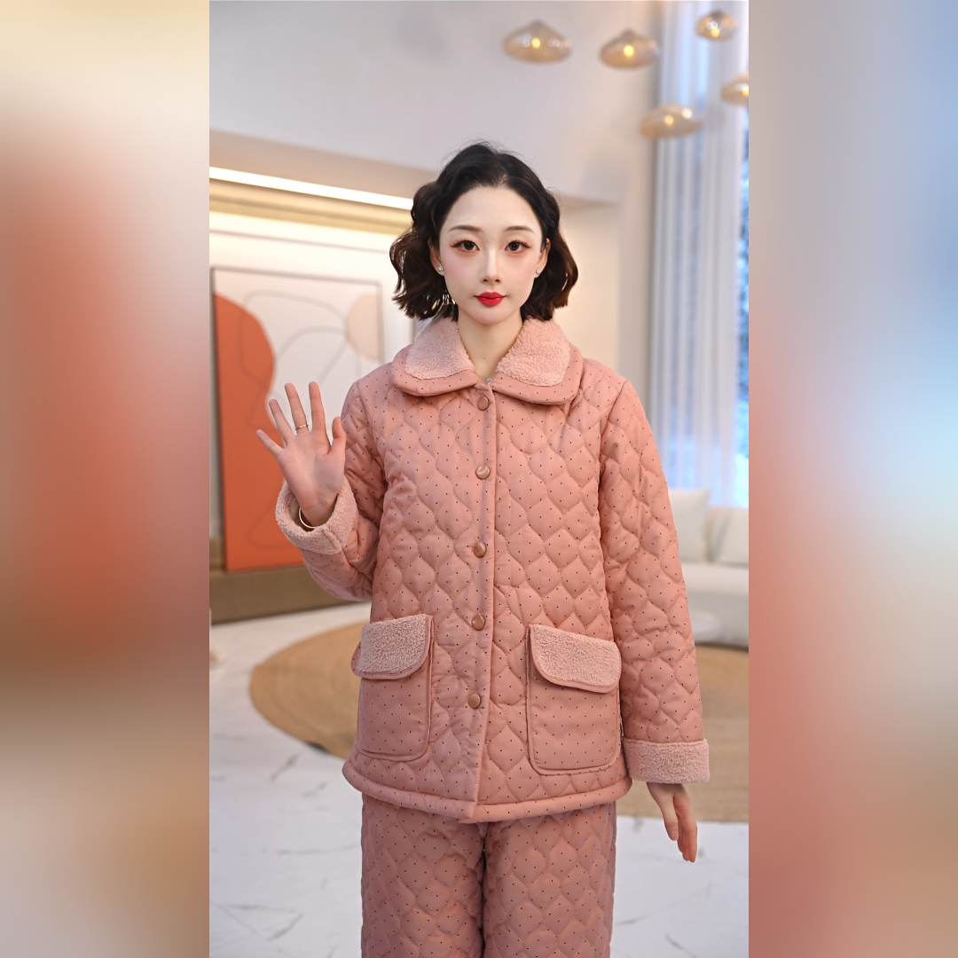 秋鹿梭织色织夹棉波点温柔气质扣领女套保暖家居服