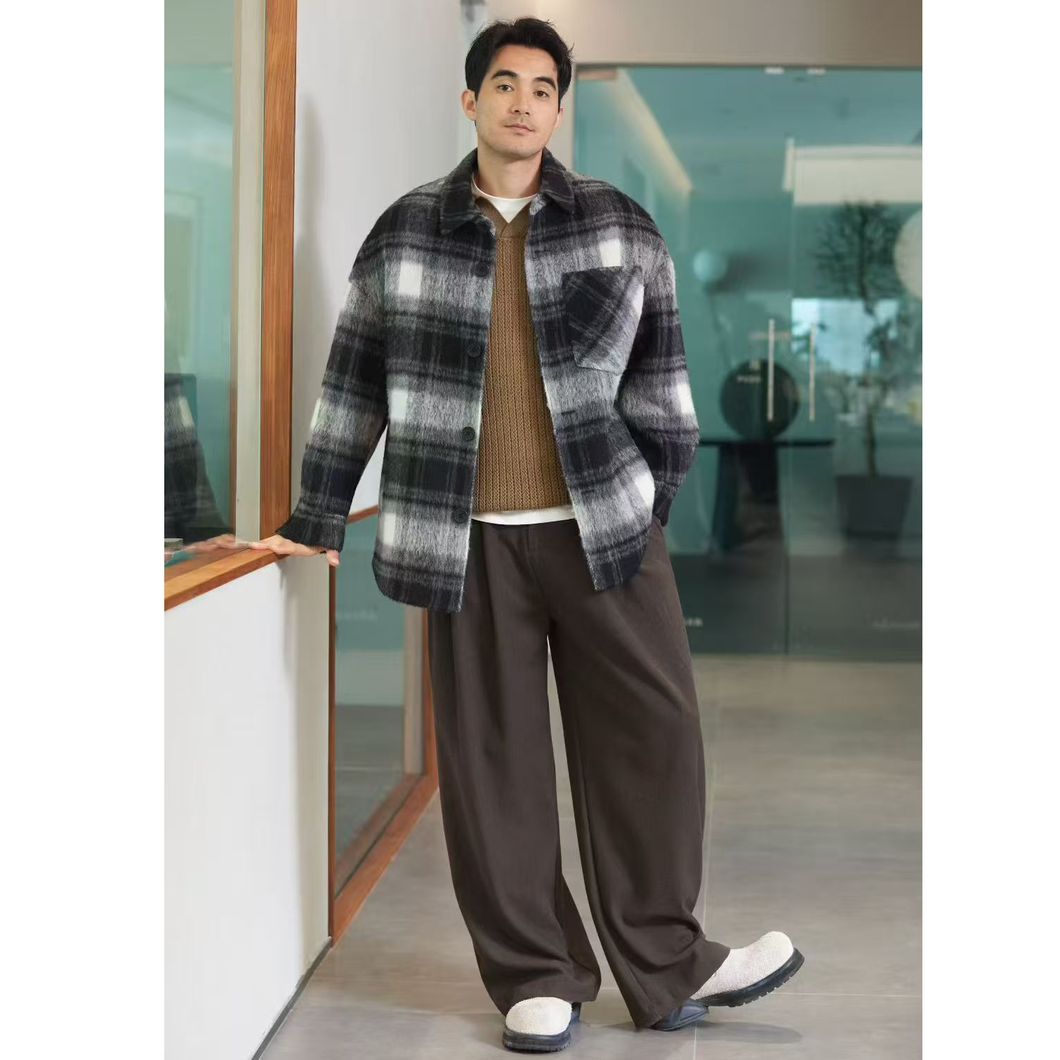 【BABAOSHEN】巴家/美式格子风男士翻领夹克套痞帅格纹大衣1181