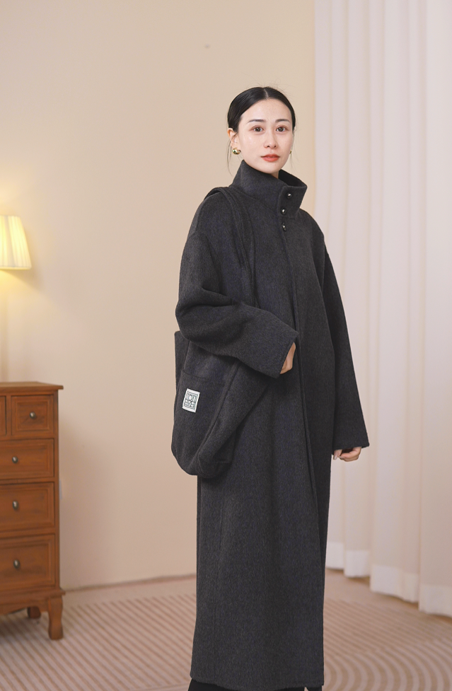 259066女款秋冬双面呢绵羊毛外套廓形时尚气质大衣