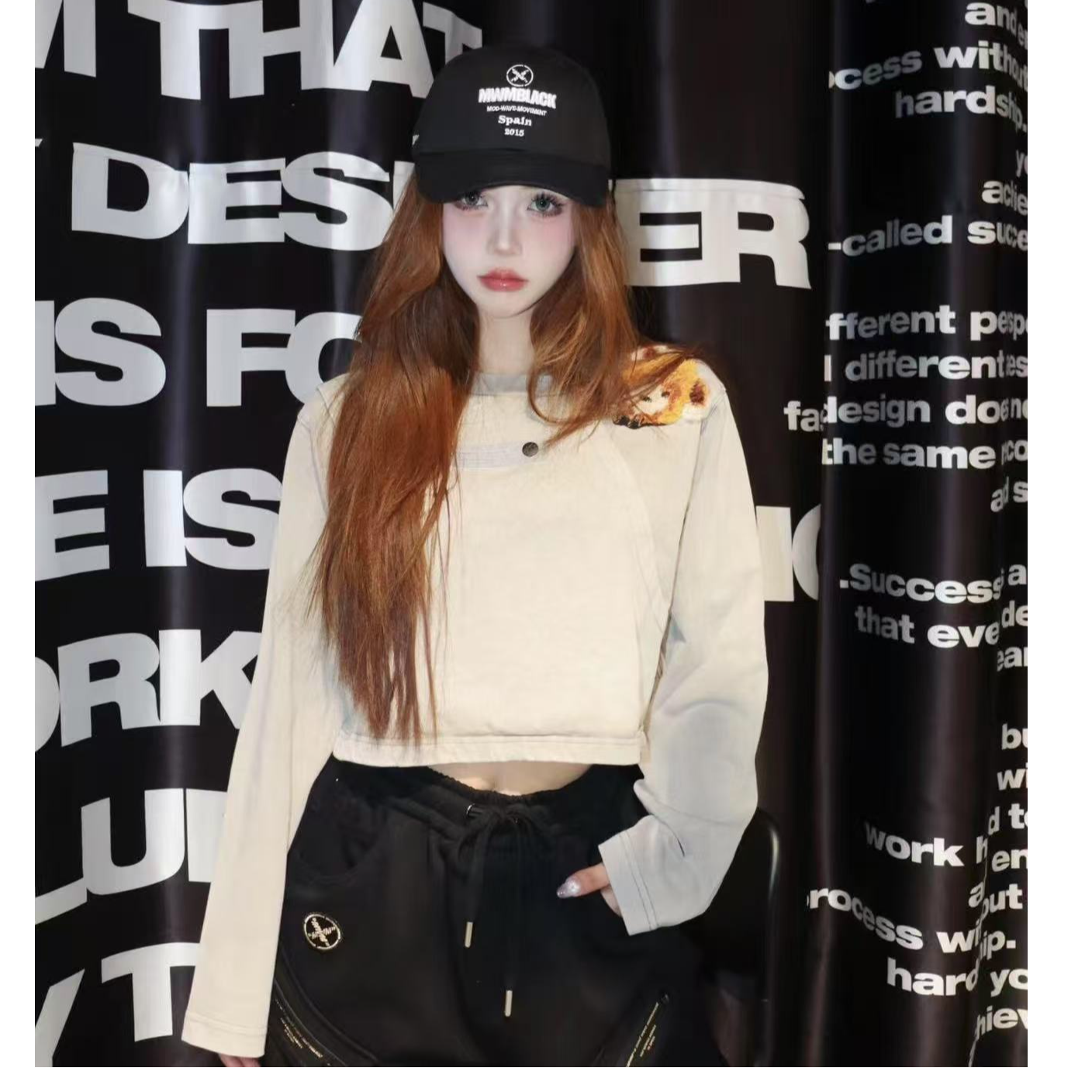 OOXOO-JT水洗做旧短款小熊长袖T恤