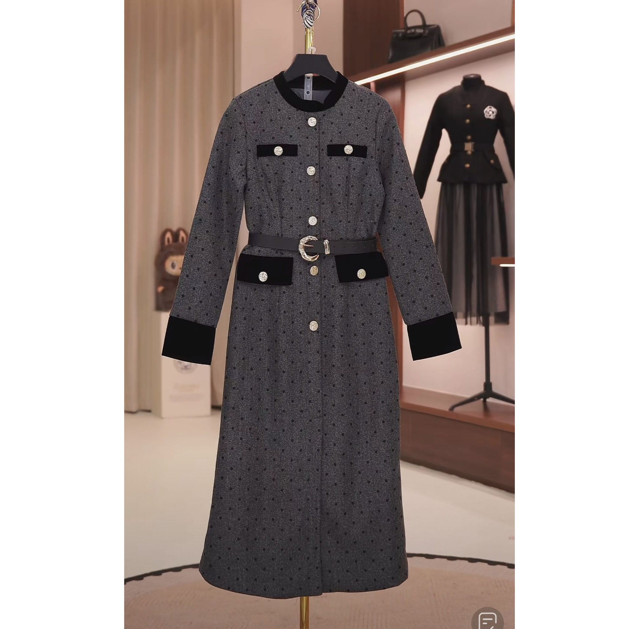 圆领套头款长袖中长裙冬季连衣裙女装女士粗花呢气质kk101