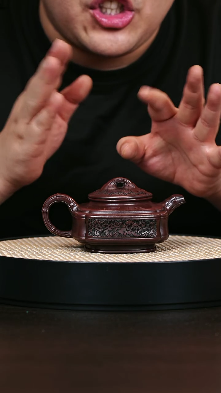 茶壶紫砂双线竹鼓 明红砂