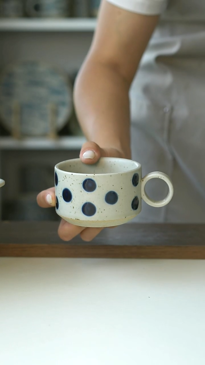 粗陶手作手绘蓝宝石200ml咖啡杯@4-2@