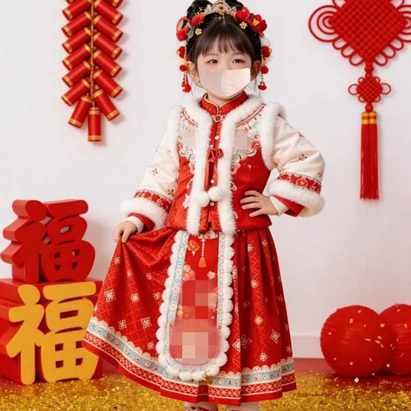 汉服女童2025新款冬季小女孩中国风加厚拜年服女宝古风马面裙套装