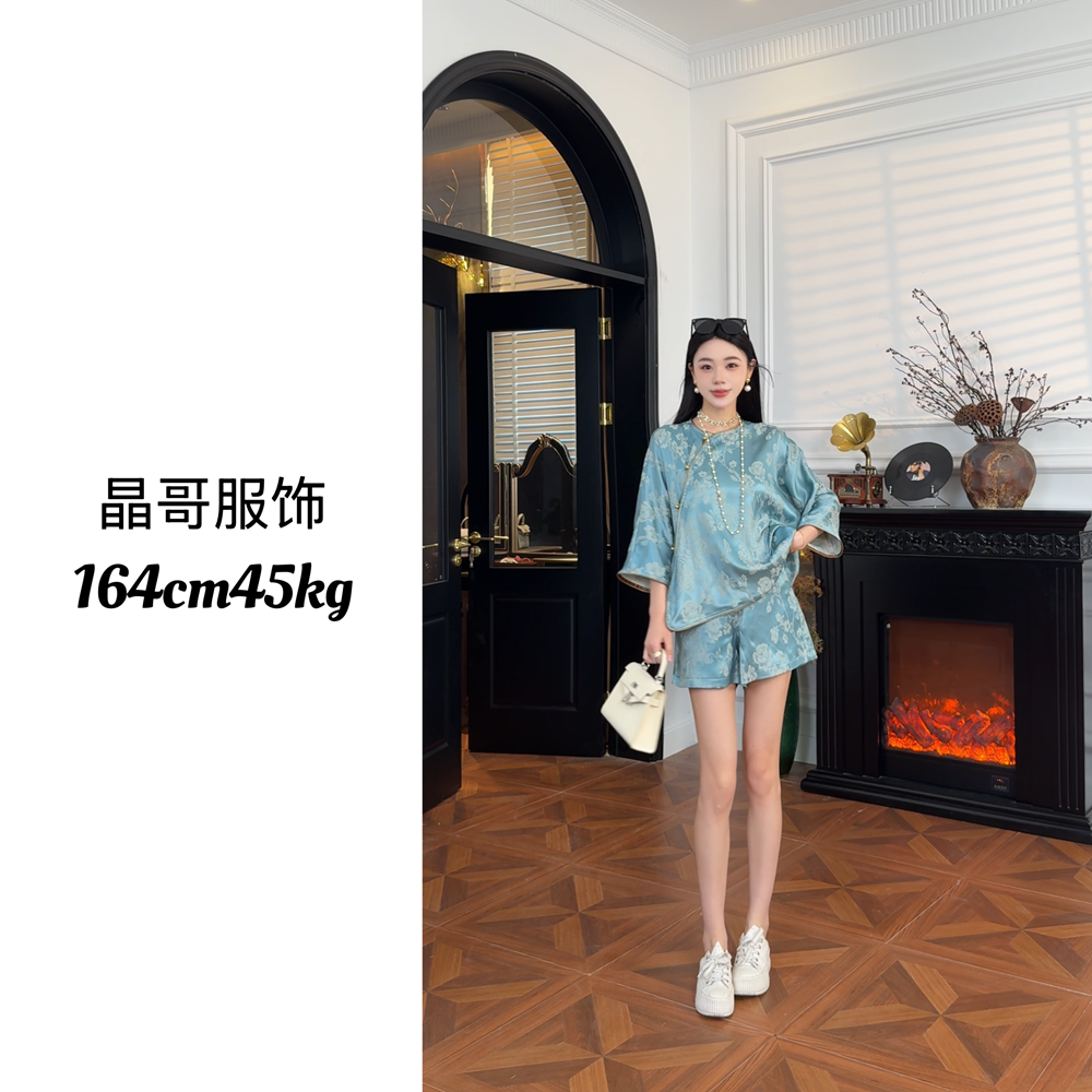 现货【碧水悠悠】新中式休闲百搭水墨印染春夏国风人丝上衣短裤套装