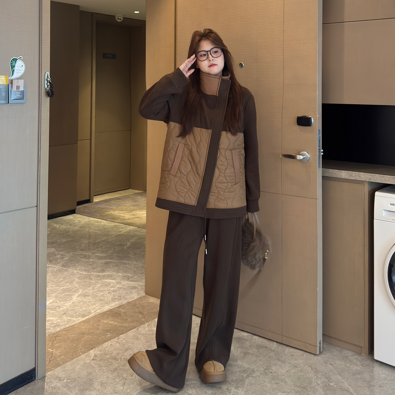 南岛风拼接撞色棉服女冬季宽松显瘦加绒加厚裤子套装ZYY1286