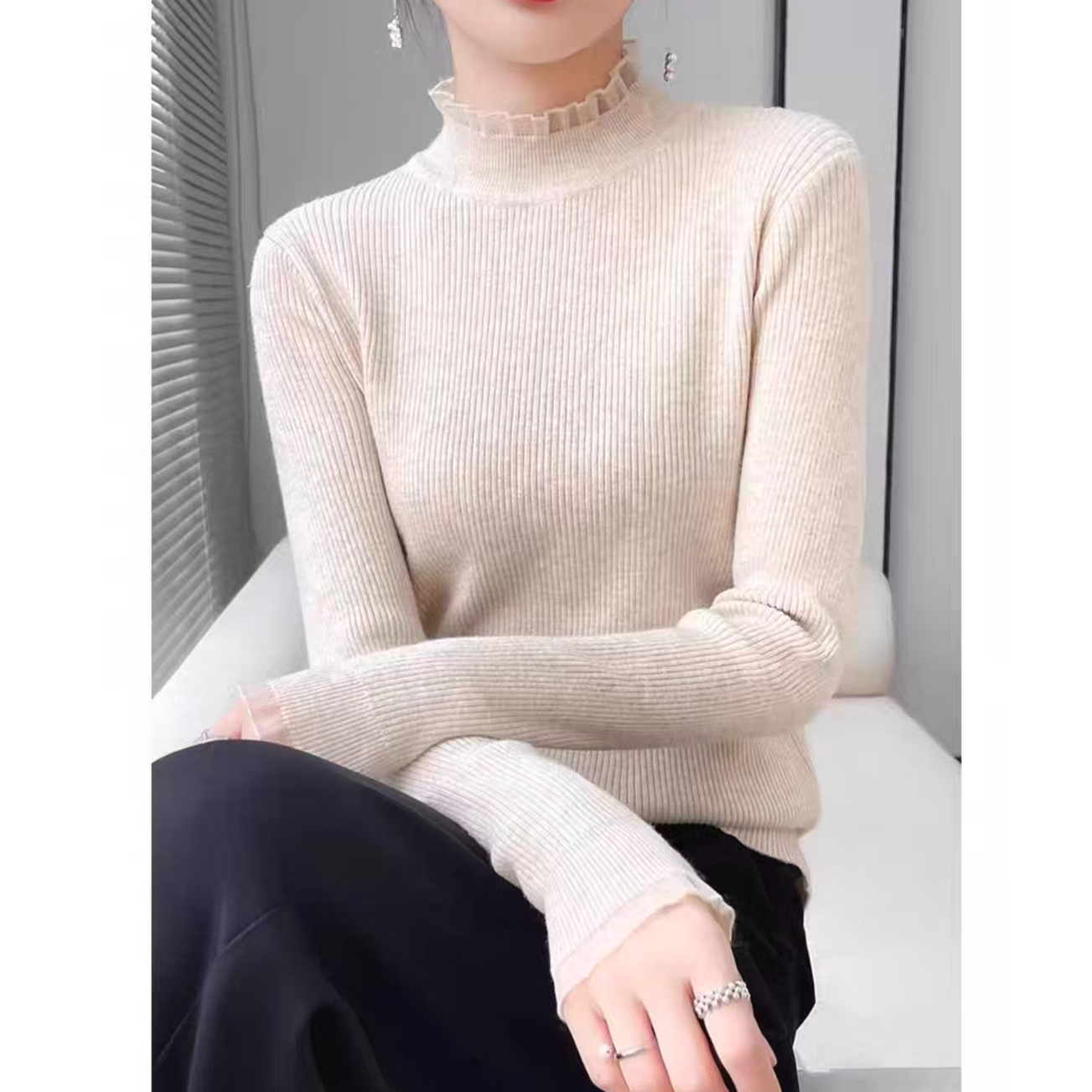 2025春秋新款时尚气质显瘦百搭纯色针织衫蕾丝休闲上衣6681长52