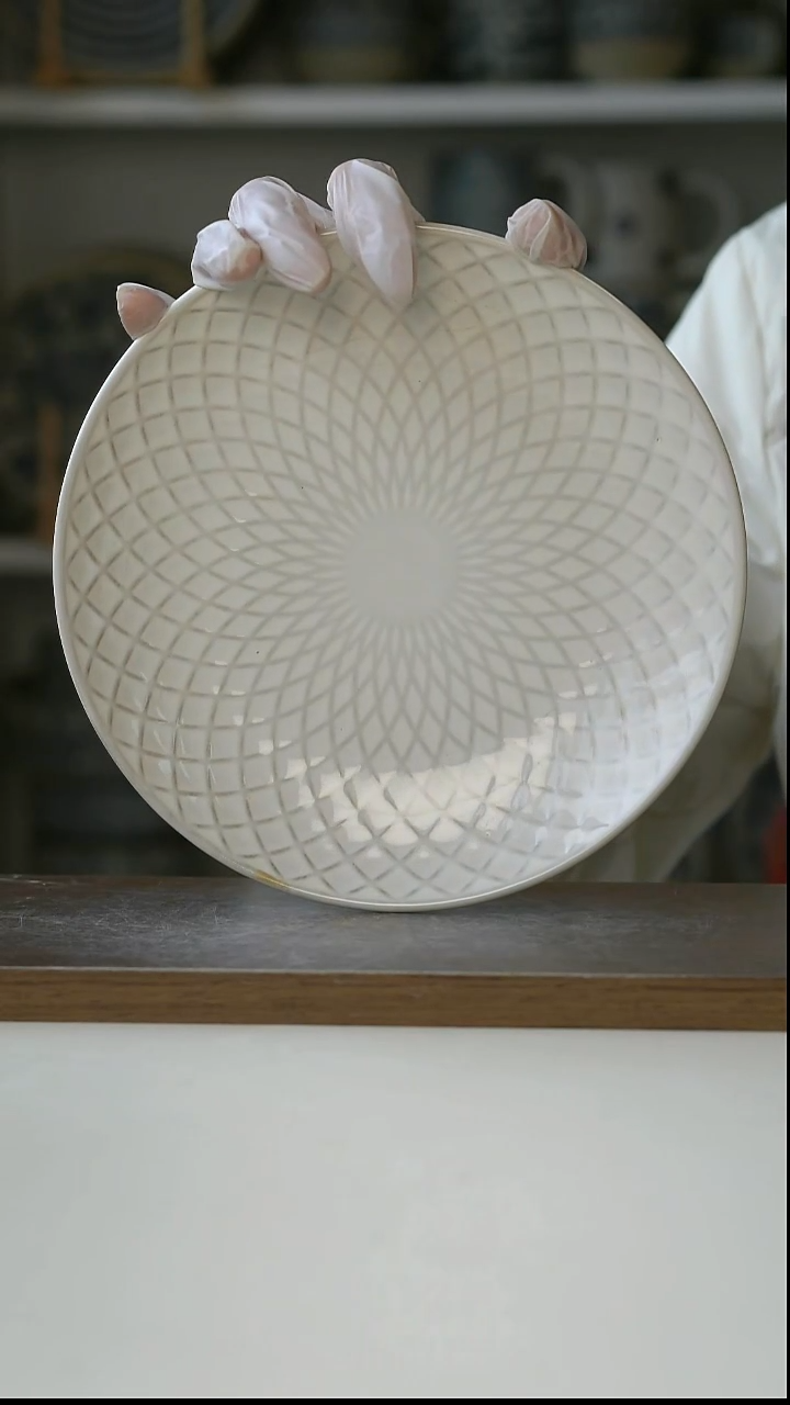 陶复古做旧浮雕菱纹早餐盘20cm@4-2@微瑕