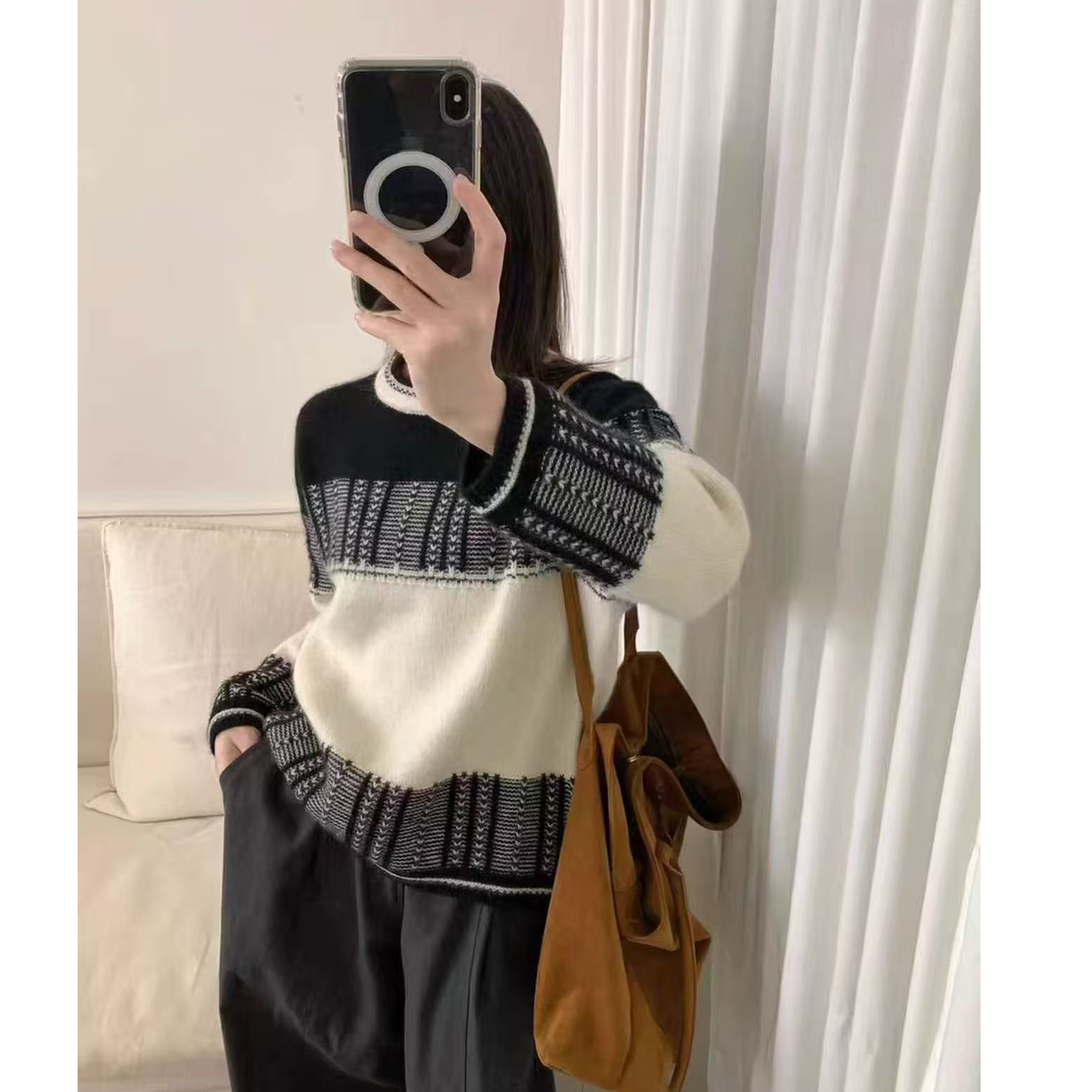 秋冬加厚圆领毛衣女新款韩版撞色慵懒风针织衫长袖打底上衣宽松潮