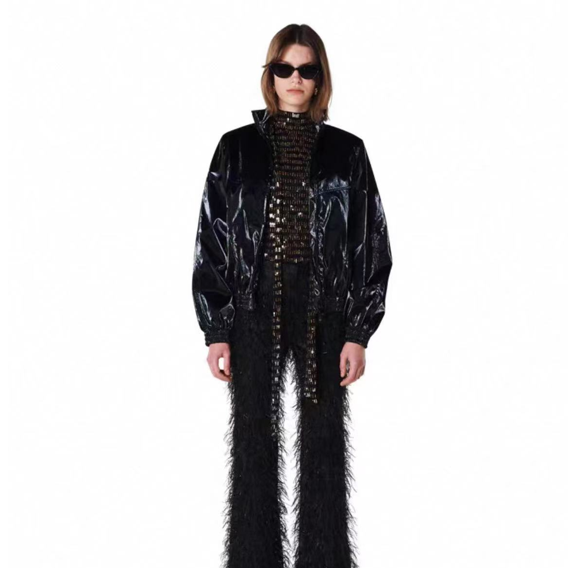 YCH百搭亮面光感前拉链休闲外套夹克