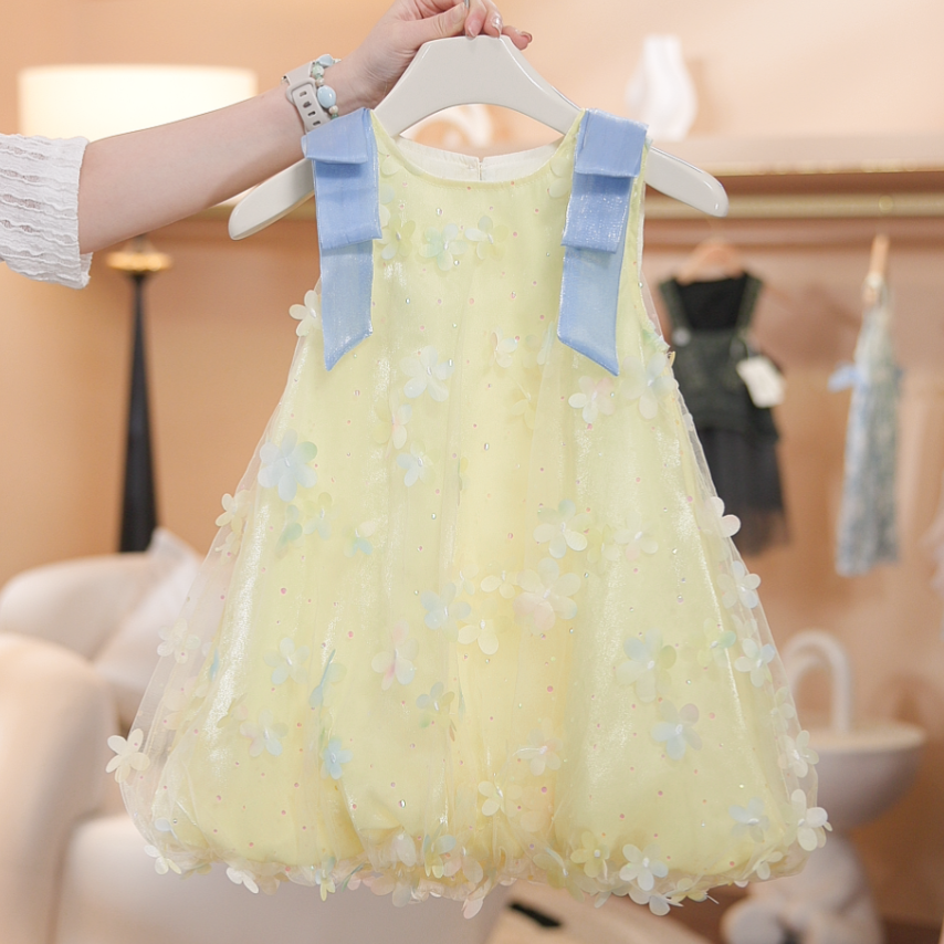 夏季新款撞色韩版连衣裙儿童公主网纱花花女宝宝淑女裙SL0185