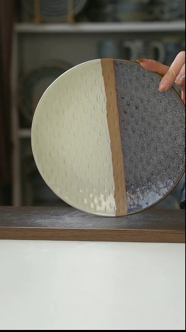 陶手作粗陶紫米拼餐盘21cm@7-7@微瑕