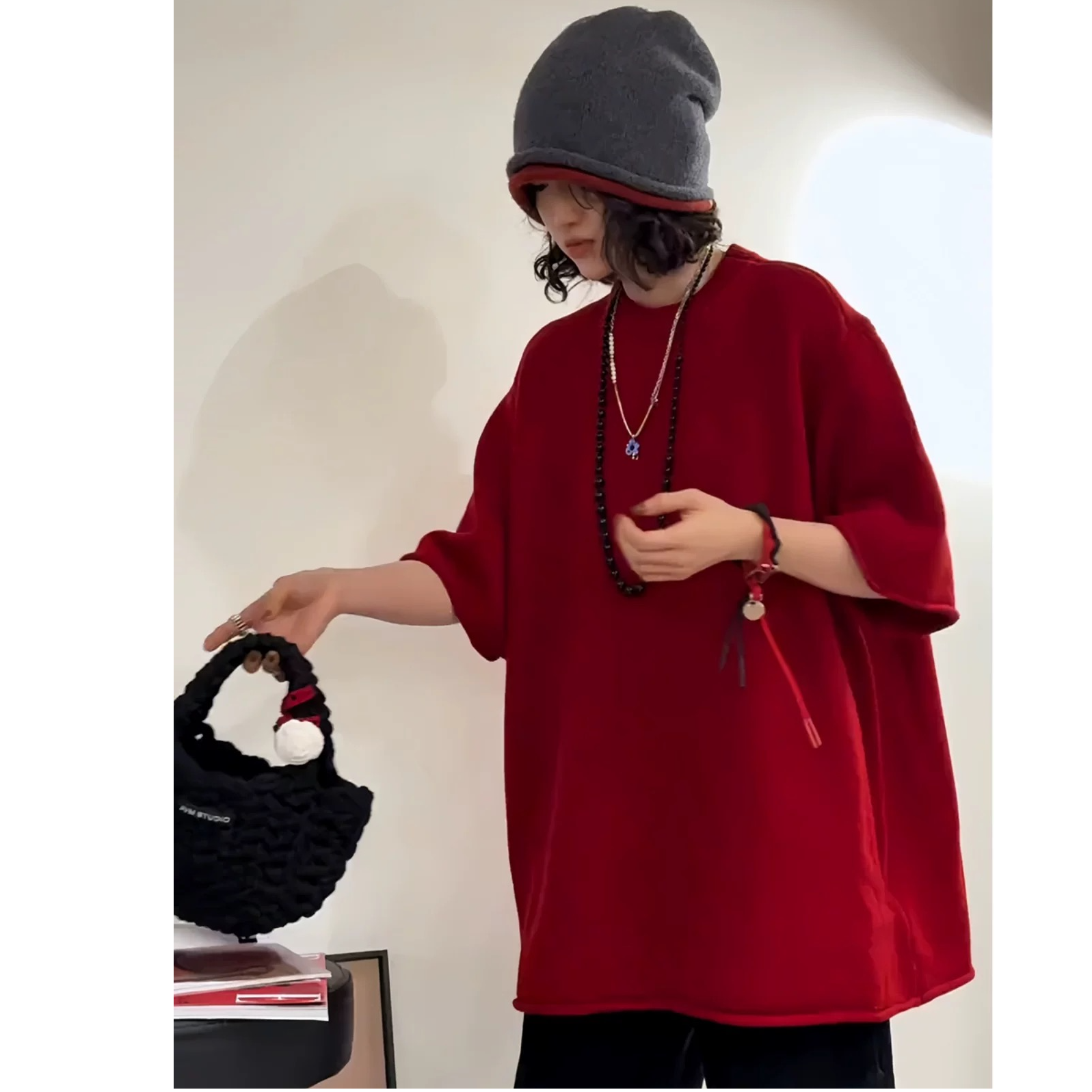 大码孕妇新款时尚简约慵懒休闲百搭纯色宽松短袖红色针织衫