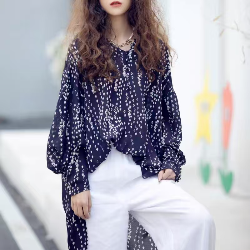 AMASS/阿玛施新款v领丝质水滴印花宽松衬衫 5300379