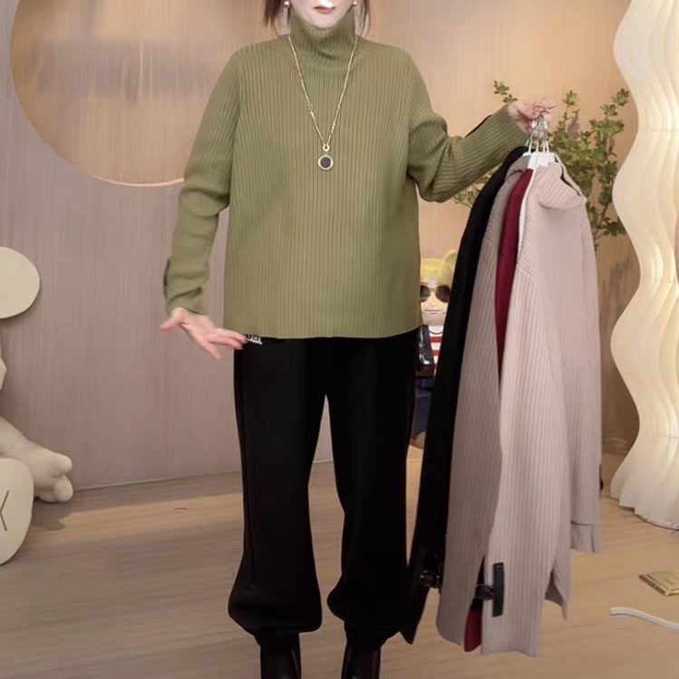打底衫大码高领毛衣女秋冬胖mm显瘦宽松设计感针织打底衫上衣