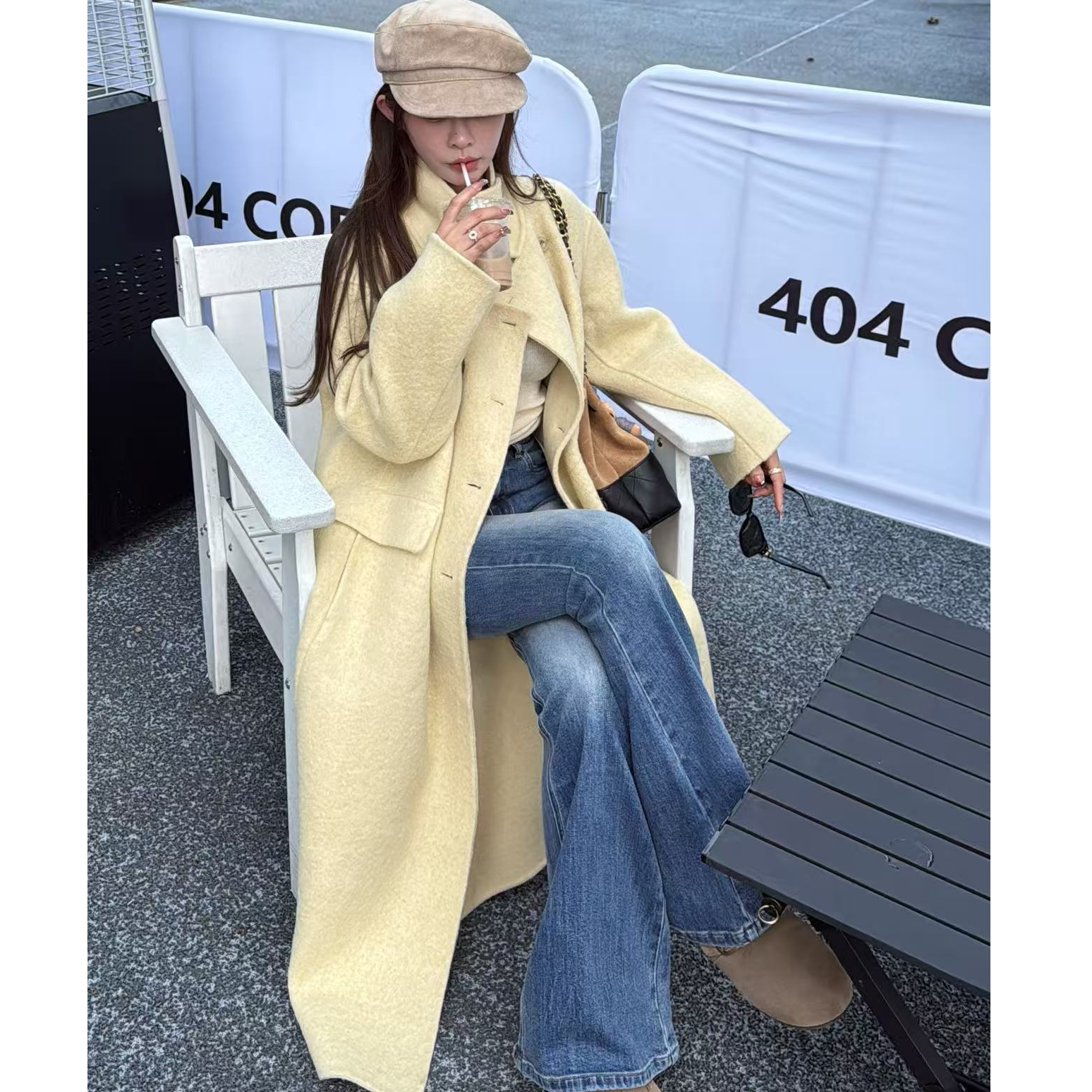 【YKL】赫柏月桂 米杏圆领针织打底蓝色磨白喇叭裤奶黄长款羊毛大衣