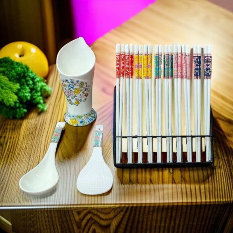WJ-碎花筷子筒+混色筷子10双+湖蓝饭勺+湖蓝汤勺