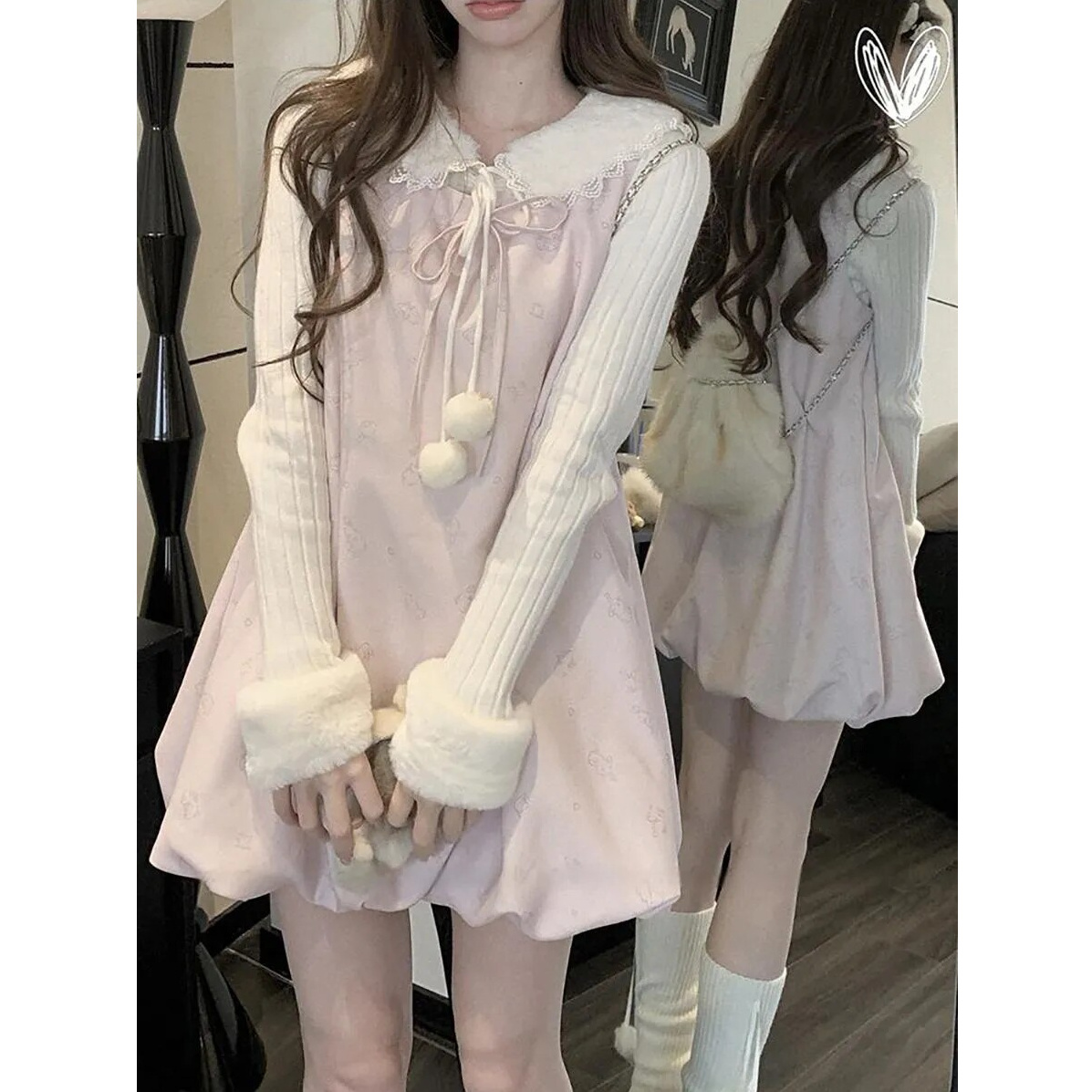 【蹦蹦】大码女装法式温柔风冬季甜美花苞裙圣诞连衣裙