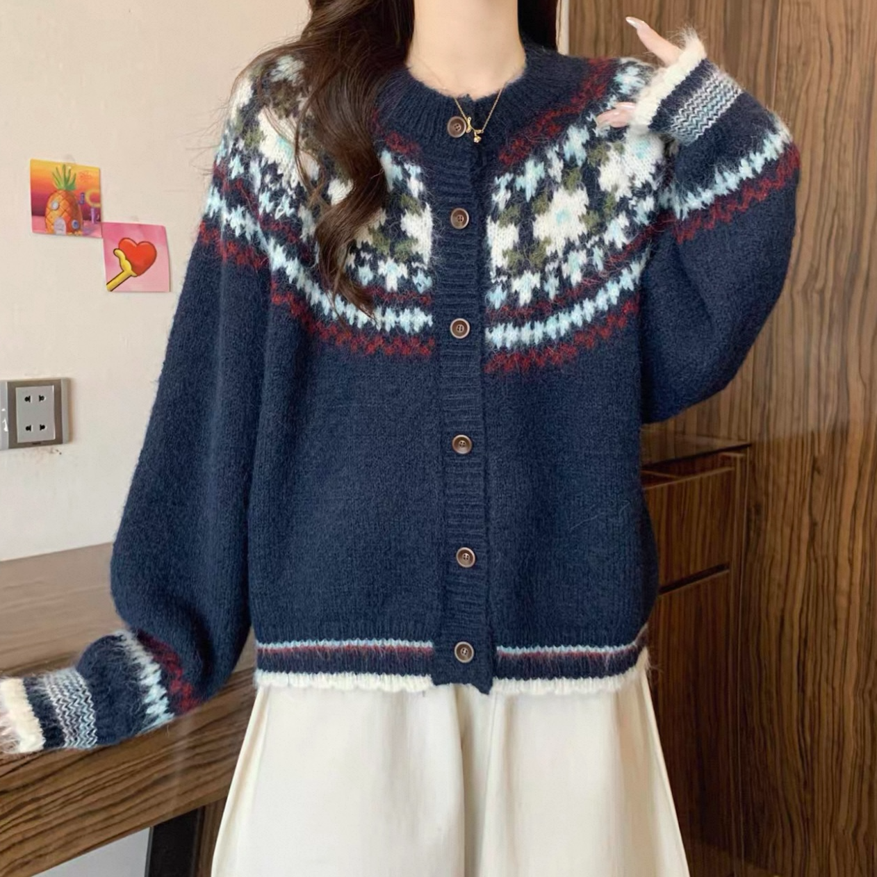 复古提花针织开衫外套女2025秋冬大码微胖慵懒风毛衣上衣2725