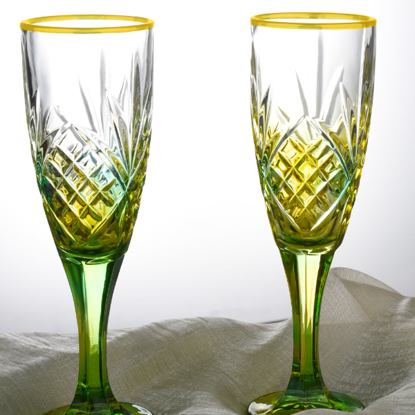 【金像】祖母绿香槟对杯描黄金线自用送礼欧式洋酒杯玻璃酒杯红酒杯