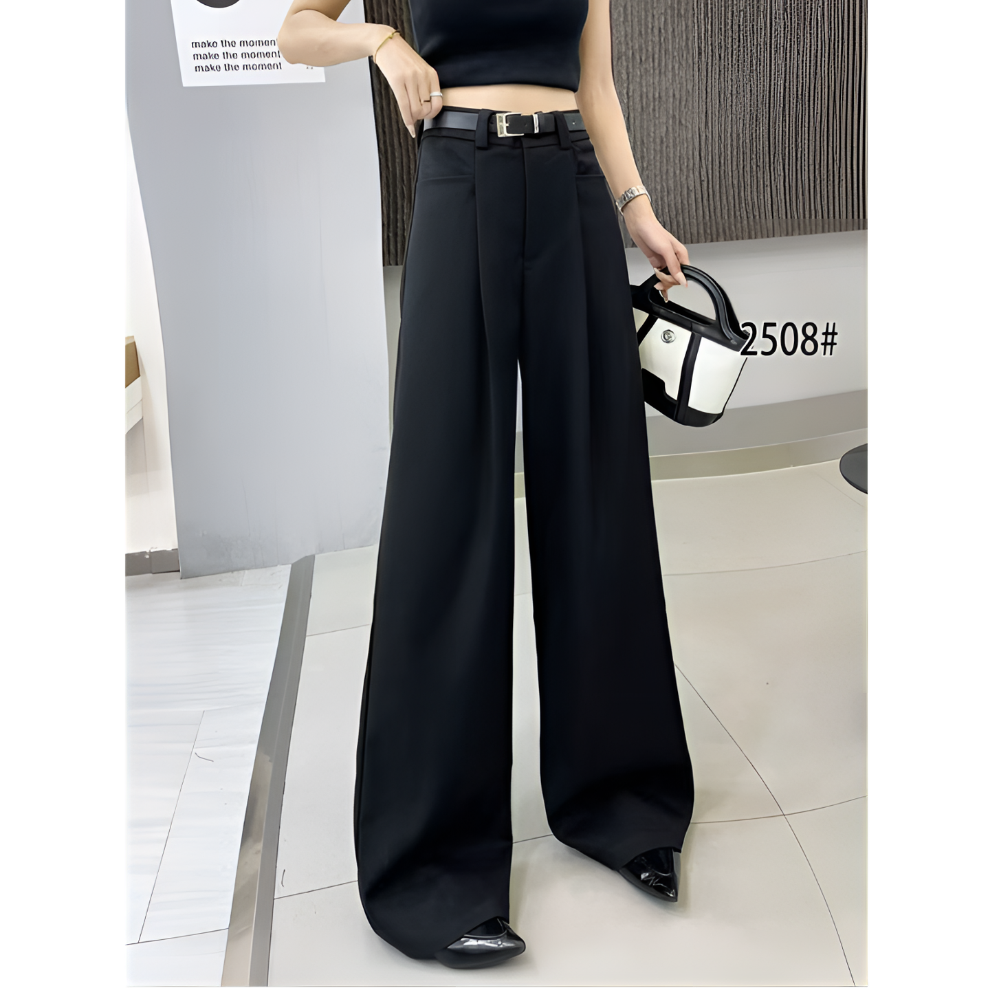 高级设计感黑色毛呢裤阔腿裤女秋季高腰宽松长裤垂感拖地直筒裤