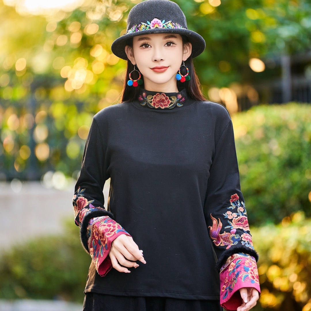 【正品保证】加绒加厚棉质民族风国风女装复古百搭绣花显瘦打底衫