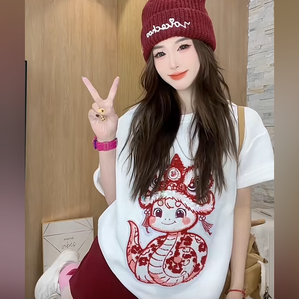 （桃喜短袖）2025年春季新款重工打底短袖卡通印花宽松圆领T