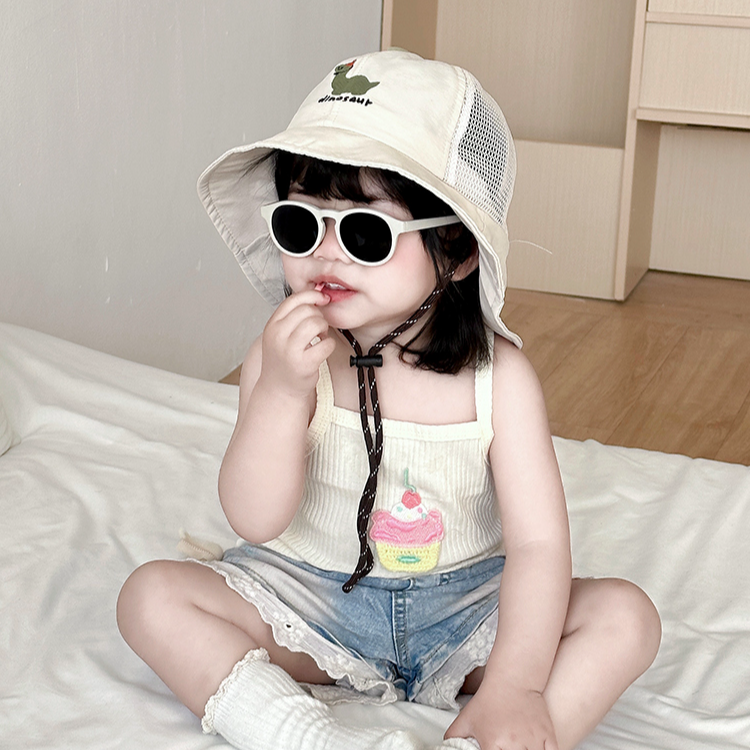 婴幼儿卡通恐龙网帽宝宝大檐薄款夏季儿童渔夫帽披肩防晒帽遮脖子