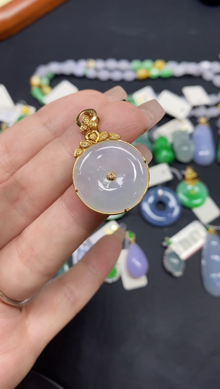 吊坠(不含链)18K金镶嵌翡翠平安扣18K金扣镶嵌@@CMT